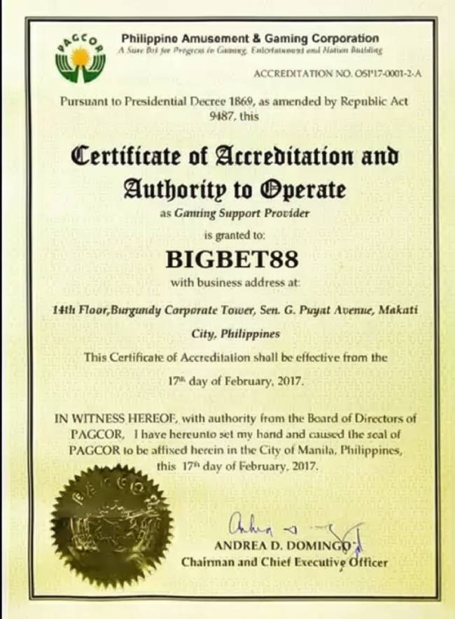 bigbet88 được cấp phép hoạt động bởi Pagcor